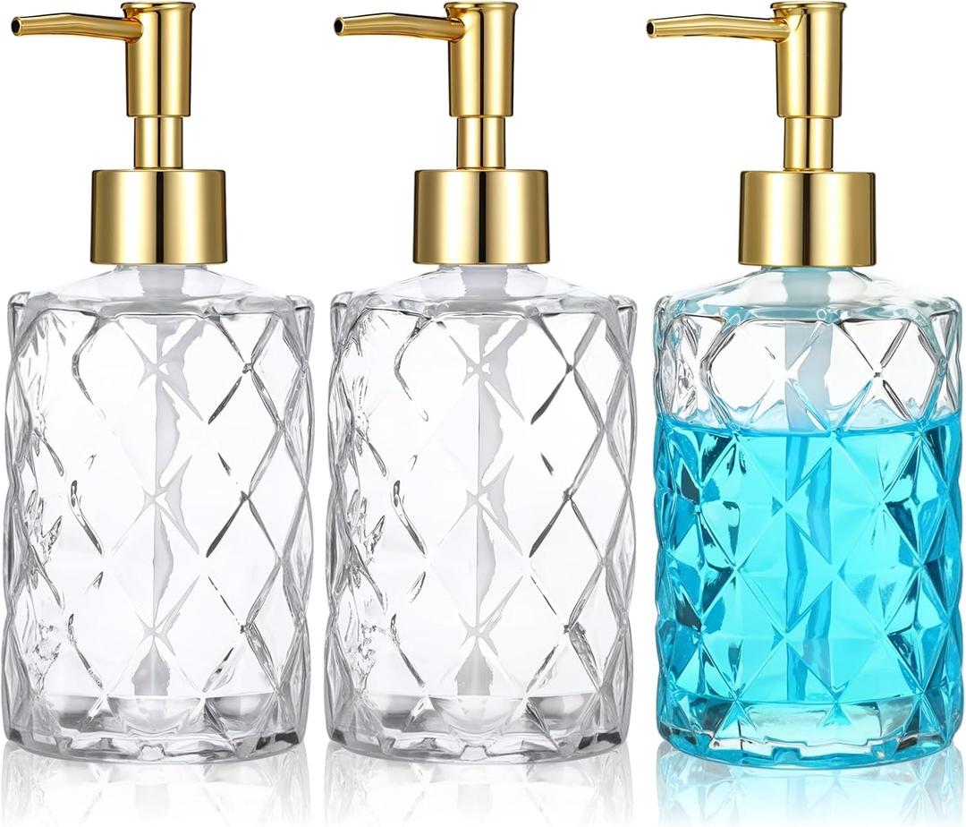3 Pack Diamond Embossed Glass Soap-Dispensers with Gold Plastic Pump, 12 OZ Bathroom soap Dispenser, Elegant Hand Soap Dispenser for Bathroom & Kitchen