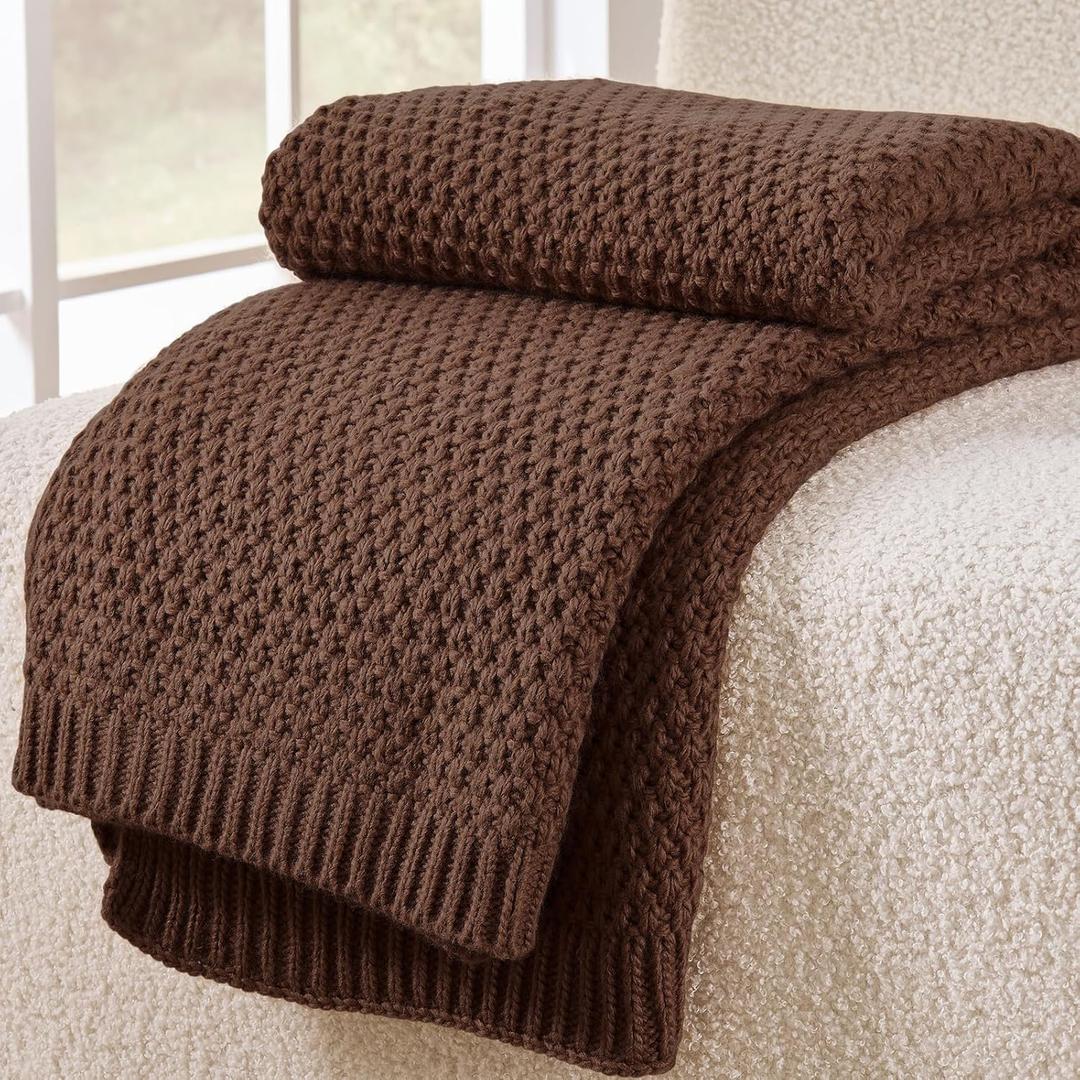 Dark Brown Throw Blanket, Chocolate Knit Throw Blanket for Couch, Soft Cozy Warm Lightweight Decorative Reversible Moss Stitch Knitted Blankets for Bed, 50x60 Inches, Chocolate Brown