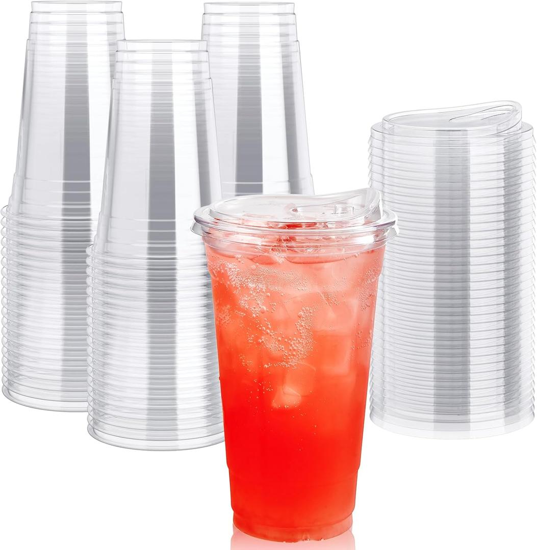 Lilymicky 60 PACK 24 oz Clear Plastic Cups With Strawless Sip Through Lids, Disposable, for Ice Coffee, Smoothie, Slurpee, or Any Cold Drinks