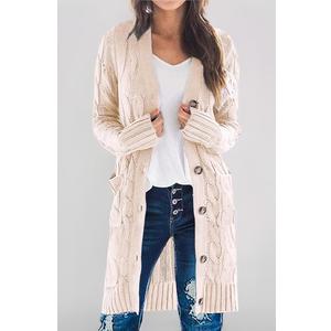 PRETTYGARDEN Long Sleeve Cable Knit Long Cardigan for Women 2025 Fall Winter Chunky Open Front Button Sweaters with Pockets. Size:XXL Color: Beige