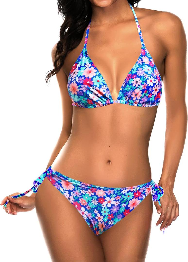Tempt Me Women Triangle Bikini Sets Halter Two Piece Sexy Swimsuit String Tie Side Bathing Suit (Small, Blue Colorful Floral)