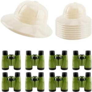 Puteraya 8 Pcs Kids Safari Party Favors Kit 8 Explorer Hats 8 Plastic Binoculars Toys for Boys Girls Jungle Pretend Play Bird Watching Costume Dress Up Gifts