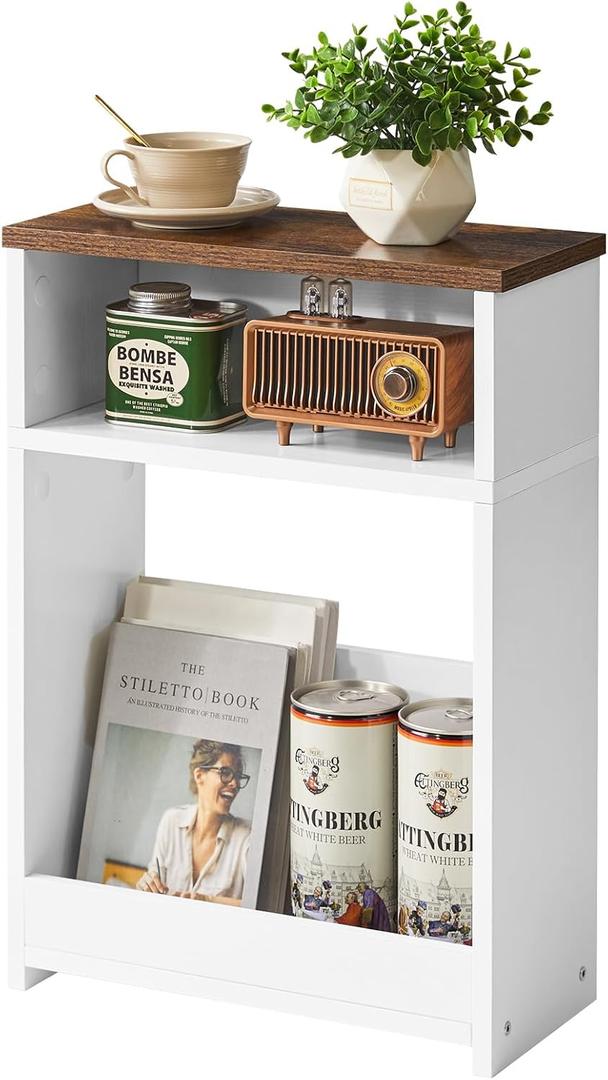 IBUYKE Narrow Side Table with Storage Shelf, 3 Tier Slim End Table for Small Spaces, Wood Small Nightstand with Magazine Rack for Living Room, Bedroom, Sofa, Space Saving, White WST006W