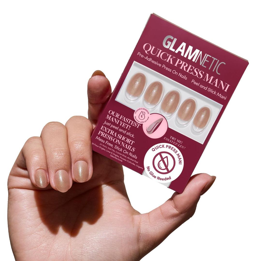 Glamnetic Quick Press Mani - No Glue Press On Nails, Just Peel and Stick, Oval Extra Short Nails, Mess Free, Salon Quality Stick On Nails, Sparkly Brown | in 15 Sizes - 30 Nail Kit | Gift For Mom