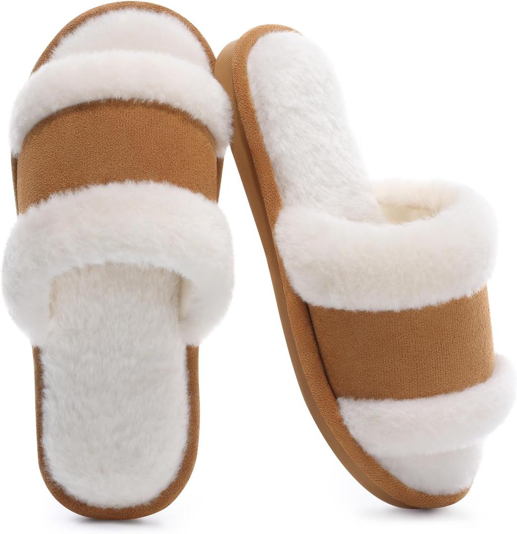 SHIBEVER Women's Slippers Fuzzy Open Toe Slip On Indoor House Shoes Comfy Bedroom Women Slippers (5-6, Brown)