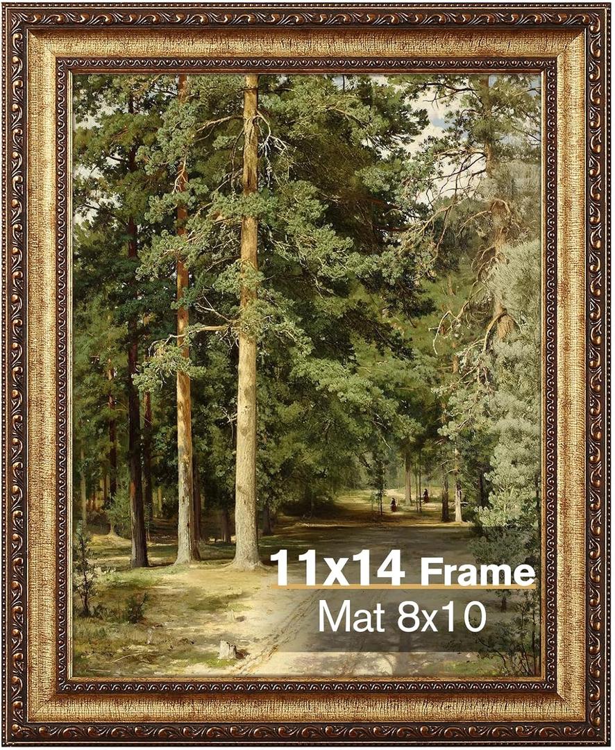 11"x14' Gold Picture Frame, Ornate Vintage Picture Frames for Wall or Tabletop Display, 11x14 Photo Frame Gold with Real Glass, Display Poster 8"x10" with Mat or 11"x14" without Mat for Antique Dco