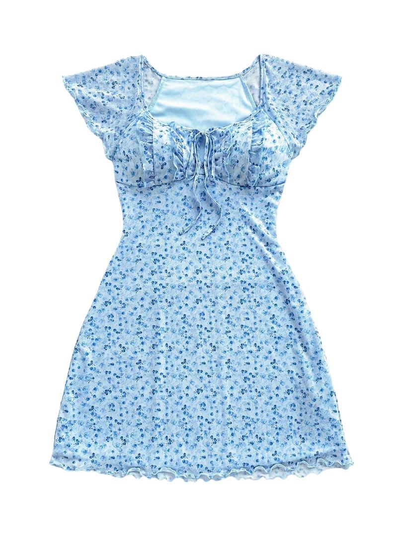 WDIRARA Women's Floral Square Neck Ruffle Sleeve Dress Vacation Short Dresses Blue Large (Blue)
