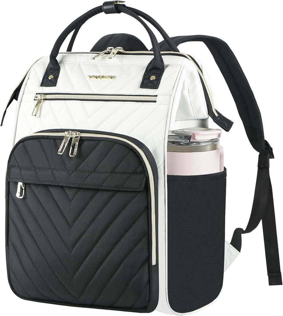 VANKEAN 17 Inch Laptop Backpack for Women Men Fashion Computer Work Bag, Large Capacity Waterproof Backpack with USB Port & RFID Pockets, College Daypack Business Travel, Beige-Black