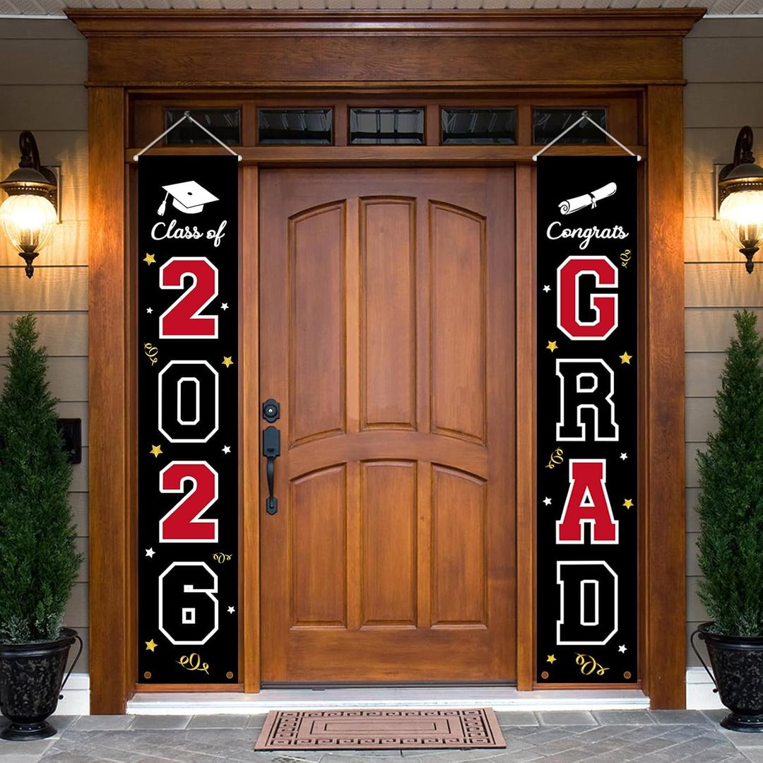 2026 Graduation Banner Decorations - Porch Sign Set Red White Black Welcome Door Décor Party Favors Supplies For Indoor Outdoor