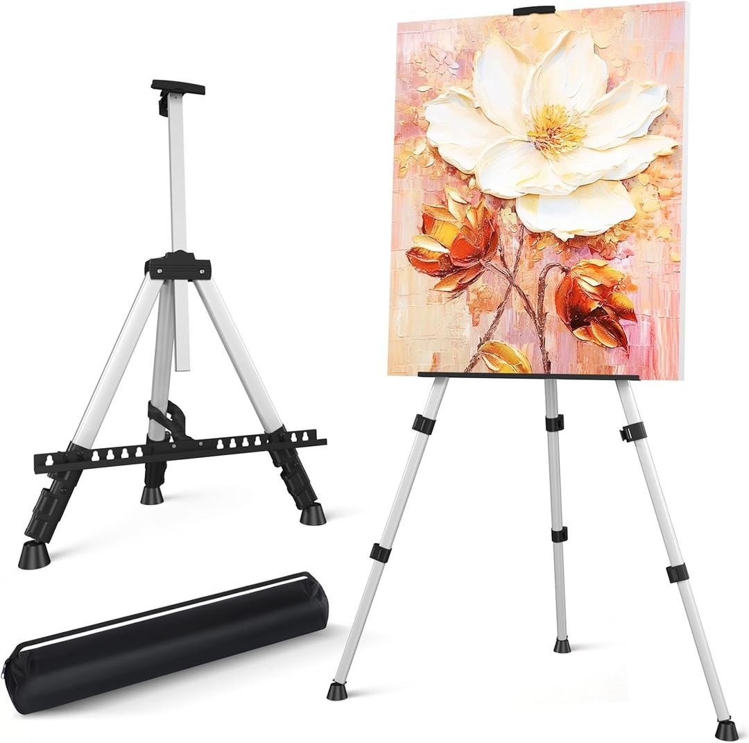 Art Easel Stand for Painting or Sign, Portable Adjustable 66 inches Display Tripod Artist Floor Aluminum Metal Easel with 1 Bag for Table-top/Floor Drawing, Sturdy for Canvases Displaying - Silver