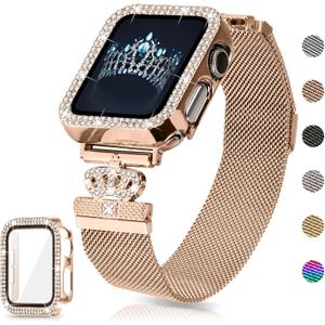 Magnetic Band Compatible with Apple Watch 38mm 40mm 41mm 42mm 44mm 45mm 46mm Stainless Steel Metal Strap with Bling Case and Built-in Screen Protector, Dressy Milanese Loop iWatch Bands for Women