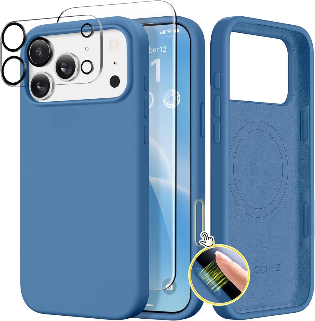 GONEZ Magnetic for iPhone 17 Pro Max Case, Compatible with MagSafe, [Screen Protector + Camera Lens Protector], Liquid Silicone Anti-Scratch Shockproof Protective Phone Case 6.9 inch, Lake Blue