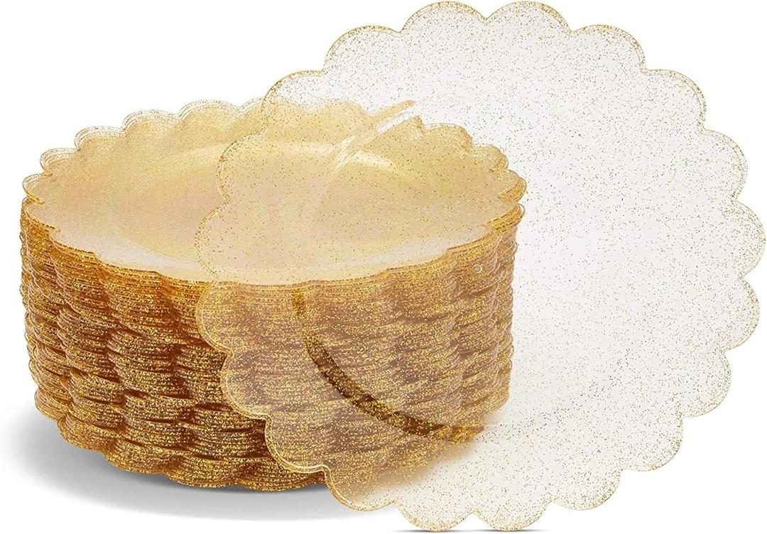 50-Pack Gold Plastic Plates - Gold Glitter Plates with Scalloped Edges, Disposable for Birthdays, Weddings, Bridal Shower, 9 inches