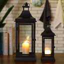 JHY DESIGN Set of 2 13''&19.5''Tall Outdoor Candle Lanterns Vintage Hanging Tower Lantern Metal Candle Holder for Garden Living Room Indoor Outdoor Parties Weddings Balcony(Black)