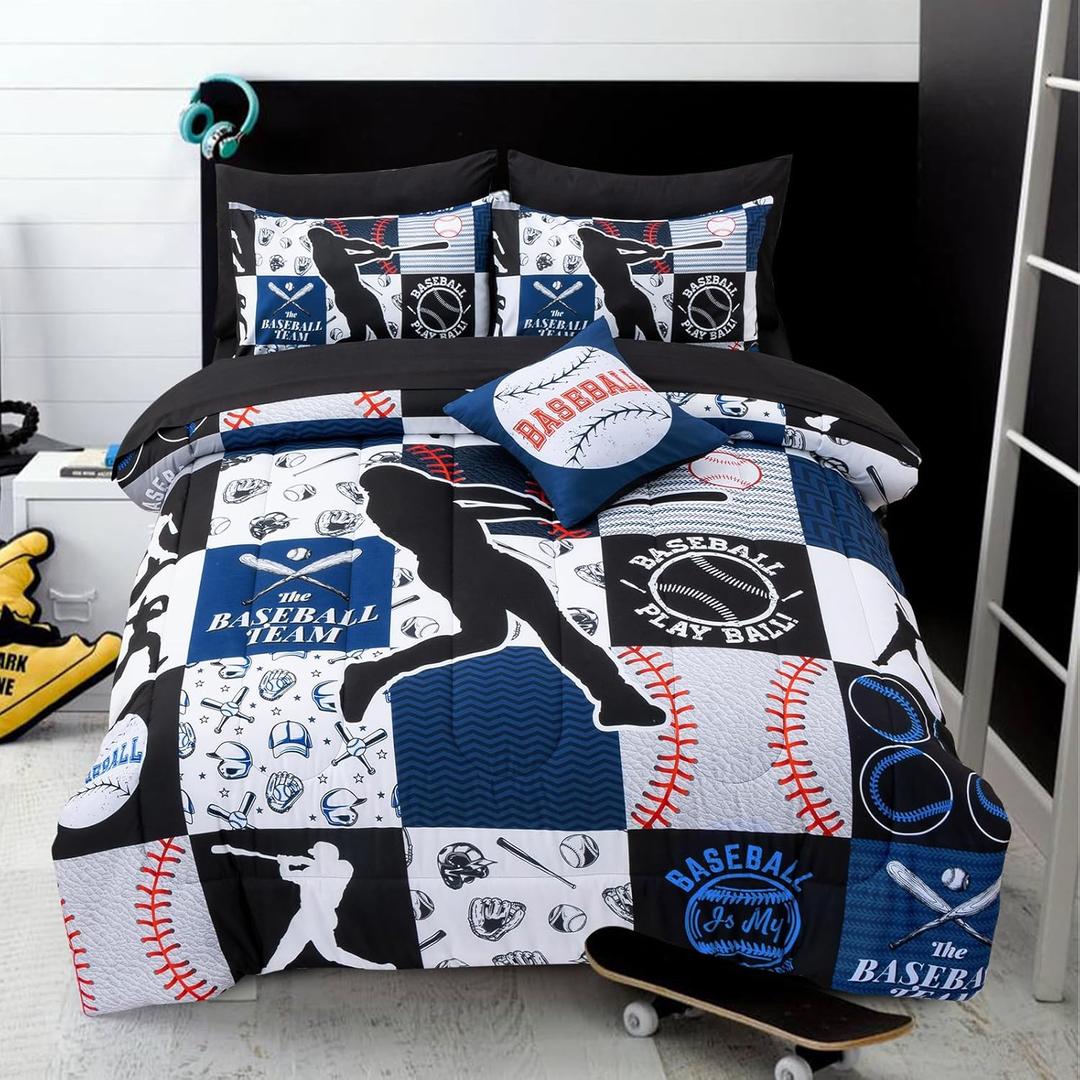 A Nice Night Sports Geometric Grid Black Patchwork Baseball Printed for Boys Full 6Pcs Bed in A Bag Comforter Bedding Set,Blue