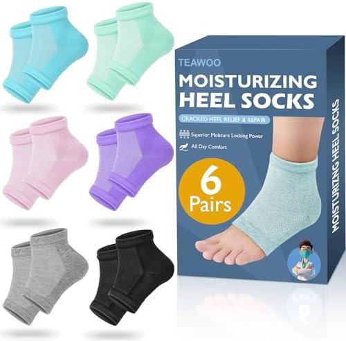 TEAWOO Moisturizing Heel Socks - 6 Pairs for Dry Cracked Feet, Toeless Gel Socks for Hydration and Repair