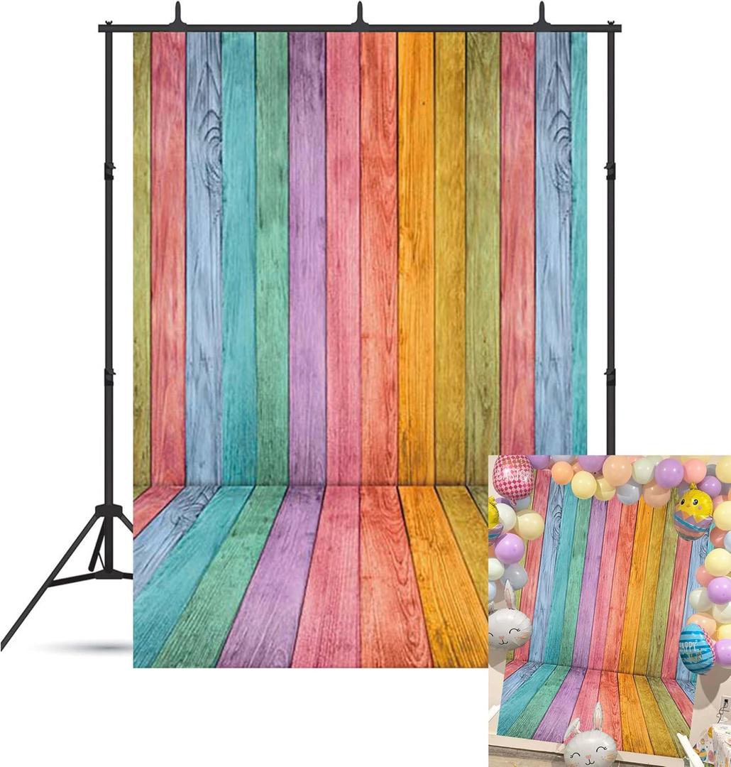 Colorful Wood Easter Backdrop Banner Pastel Rustic Texture Wooden Photoshoot Background Easter Colorful Wood Wall Party Decoration Banner Photo Props (5x7FT(59 x 82 inch))