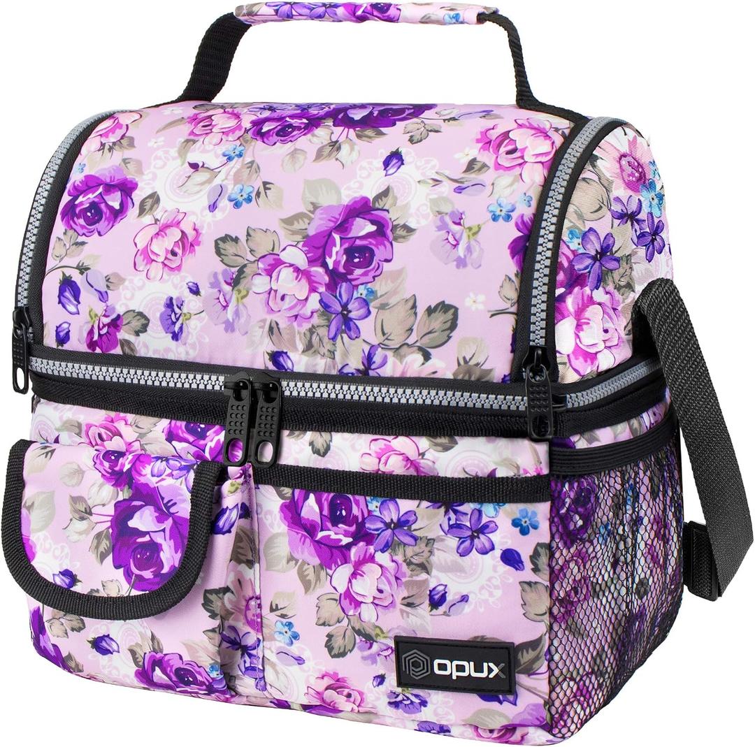 opux Insulated Lunch Bag Women Men, Dual Compartment Leakproof Lunch Box Adults Kids, Double Decker Meal Prep Bento Lunch Cooler Tote with Shoulder Strap for Work Office School Travel, Floral Purple