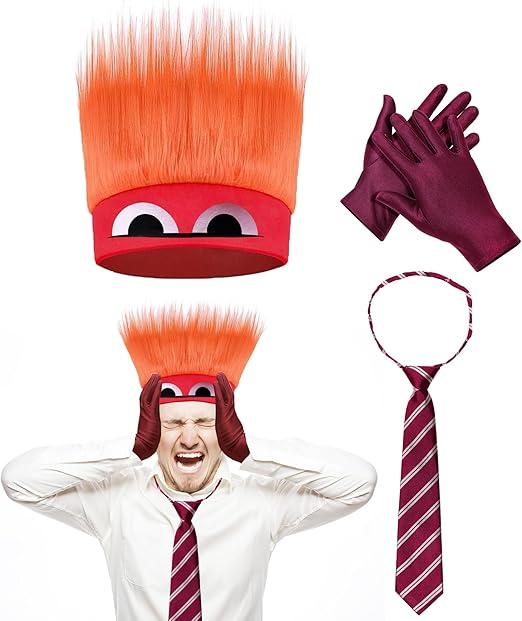 Anger Costume with Flame Hairy Headband，Stripe Tie & Red Gloves Angry Dress up Halloween Cosplay Outfits, One Size