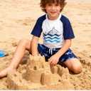 Boys Two Piece Rash Guard Swimsuits Sets Bathing Suits with Trunks 4-12 Years (A2 Navy Blue)