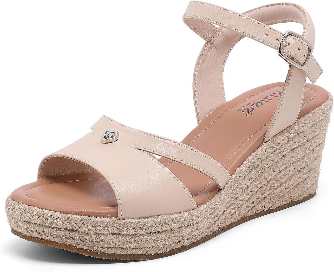 Ruiee Womens Wide Width Wedge Sandals. | Wide Width, Summer Platform, Espadrille Wedge Heels, Ankle Strap, Open Toe (Beige)