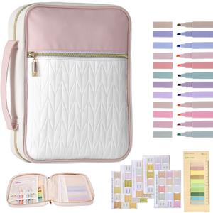 Quilted Vegan Leather Bible Carrying case with Handle, Large Bible Cover for Women & Men, Wheat Pattern Bible Study Supplies & Christian Gift for Women(Pink White)