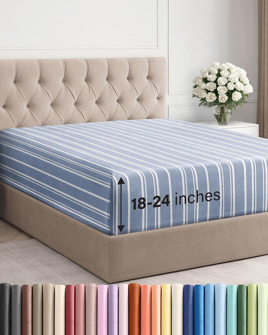 Extra Deep King Fitted Sheet - Hotel Luxury Single Fitted Sheet Only - Easily Fits 18 inch to 24 inch Mattress - Ultra Soft, Wrinkle Free with Extra Deep Pockets - Breathable & Comfy - Blue Stripes