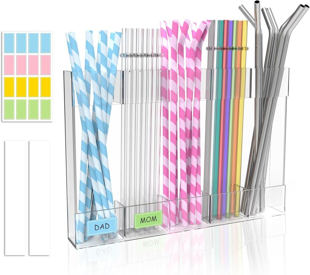 Acrylic Straw Holder for Cabinet Door, 9.5" Reusable Straws Organizer Storage Dispenser with Ultra Sticky Adhesive, Kitchen Accessories Container for Counter Cupboard (Transparent)