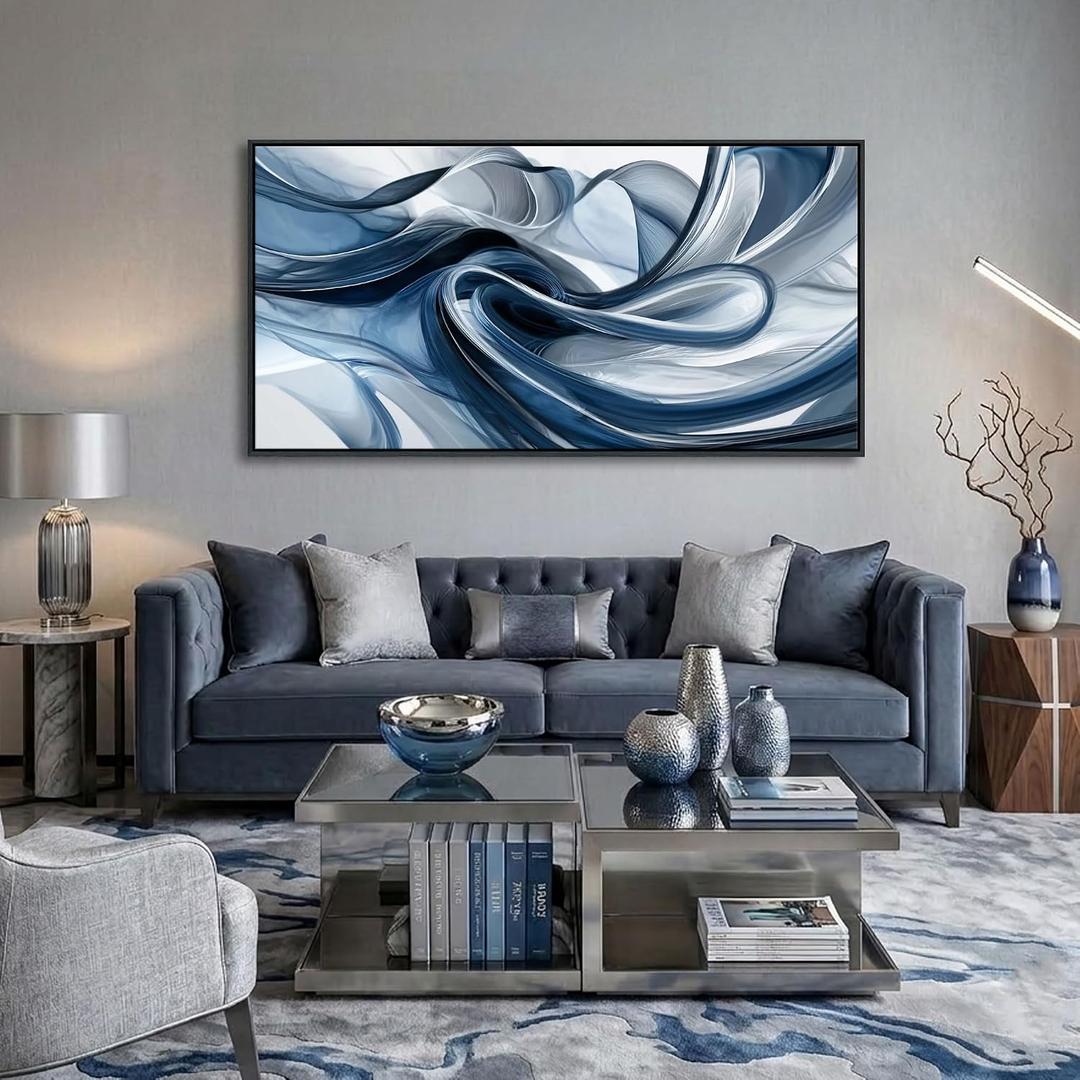 Large Navy Blue Abstract Canvas Wall Art - Modern Framed Pictures for Living Room, Navy Wall Decor for Bedroom, Sophisticated Blue Artwork for Office Wall 24×48IN