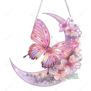 SOURMO Hanging Diamond Art Painting Pendant, DIY Double Sided Acrylic Diamonds Painting Board Kit for Adults (Pink Butterfly and Moon)