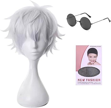 Anime Satoru Gojo Cosplay Wig with Black Glasses White Short Silver Men's Heat Resistant Hair for Halloween Costume Party
