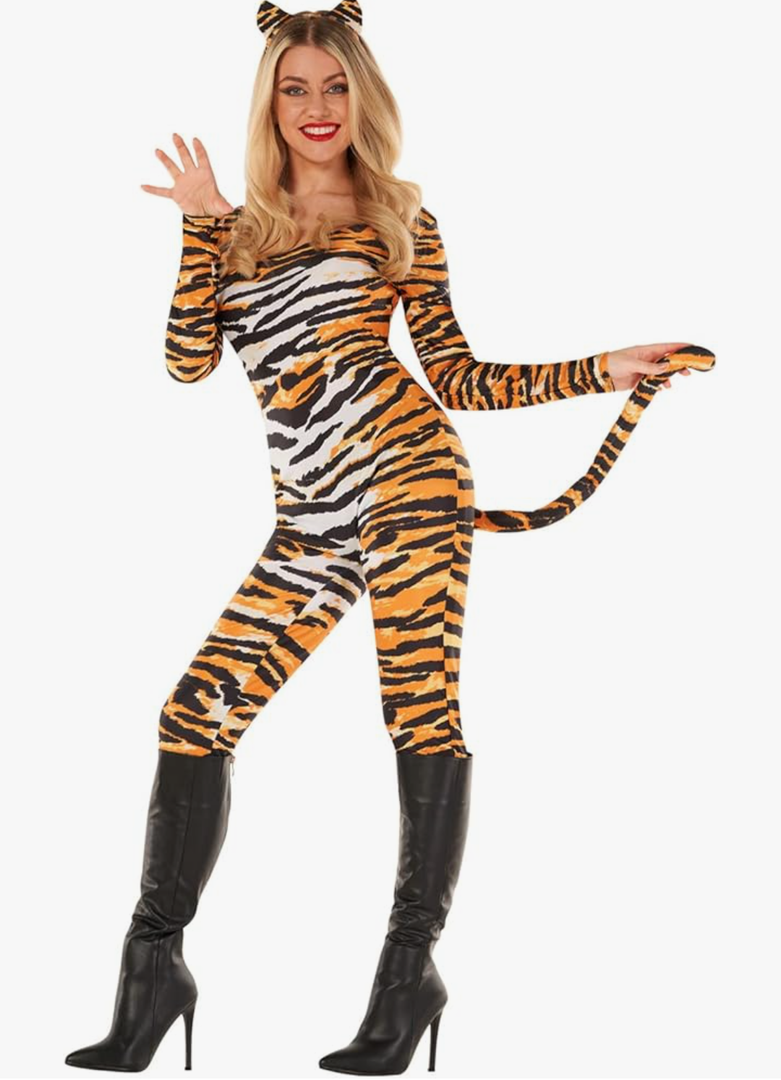Morph Tiger Costume for Women, Animal Print Full Bodysuit Jumpsuit, Tiger Romper Catsuit for Halloween Party Size XL