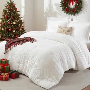 CozyLux King Size Comforter Set White Seersucker 7 Pieces Bed in a Bag King Comforter Set with Sheets, Luxury Soft Bedding Set with Down Alternative Comforter, Sheets, Pillowcases & Shams All Seasons