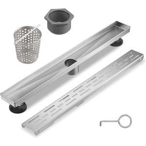 Sharp-tec Linear Shower Drain, 24 inch Shower Drain with Removable Pattern Cover, Brushed Nickel 304 Stainless Steel Rectangle Floor Drain, Adjustable Feet and Hair Strainer Included (Model 101)