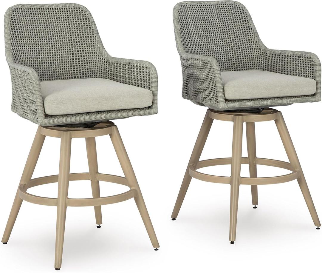 Signature Design by Ashley Seton Creek Casual Nuvella Weather Resistant Fabric, Resin Wicker Swivel Outdoor Bar Height Bar Stool with Cushion, Footrest and Armrest, Set of 2, Beige & Light Gray