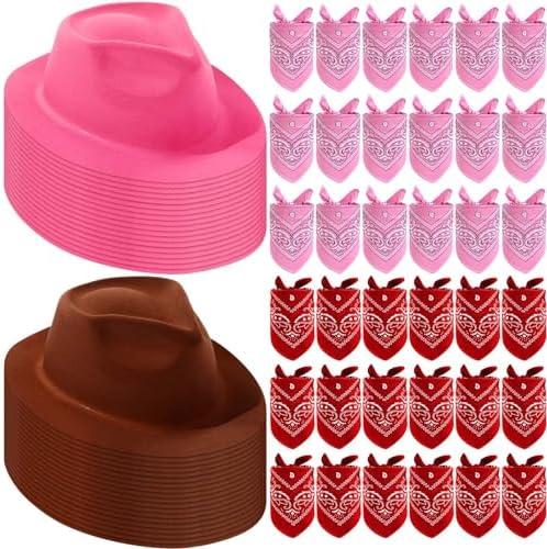 Hillban 72 Pcs Western Cowboy Hat and Paisley Bandana Set for Kids Felt Cowboy Party Hats for Costume Party Favors (Brown, Pink)