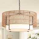 SupMaka 6-Light Large Rattan Chandelier, 25.6" Boho Pendant Light with Fabric Shade, Farmhouse Ceiling Light Fixture Chandelier for Dining Room, Living Room, Bedroom, Kitchen Island, Foyer, Hallway