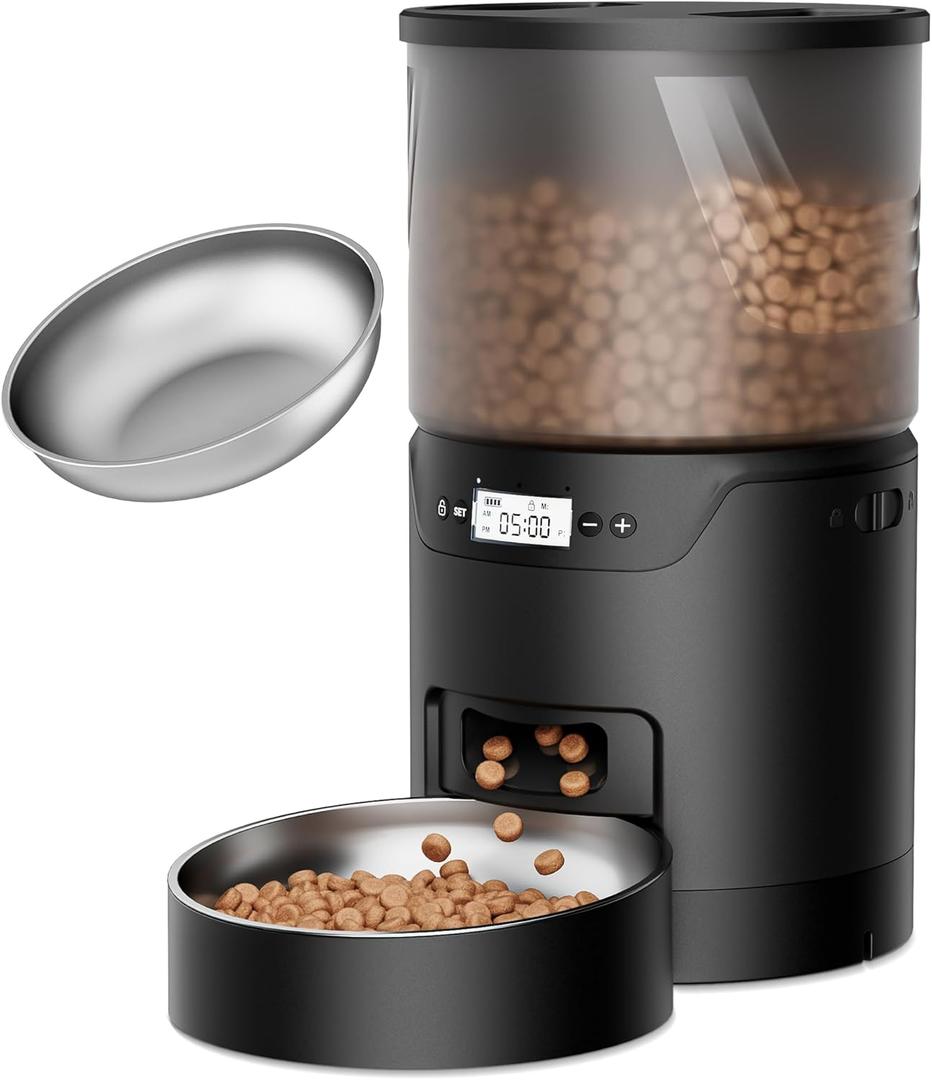 Automatic Cat Feeder: 3L Auto Food Dispenser with Timed Feeding| 6 Meal Programmable& 1-20 Portion Precise Control- Easy to Clean for Cat Indoor| Desiccant Keep Food Fresh with Staiess Bowl (Black+Stainless Bowl)