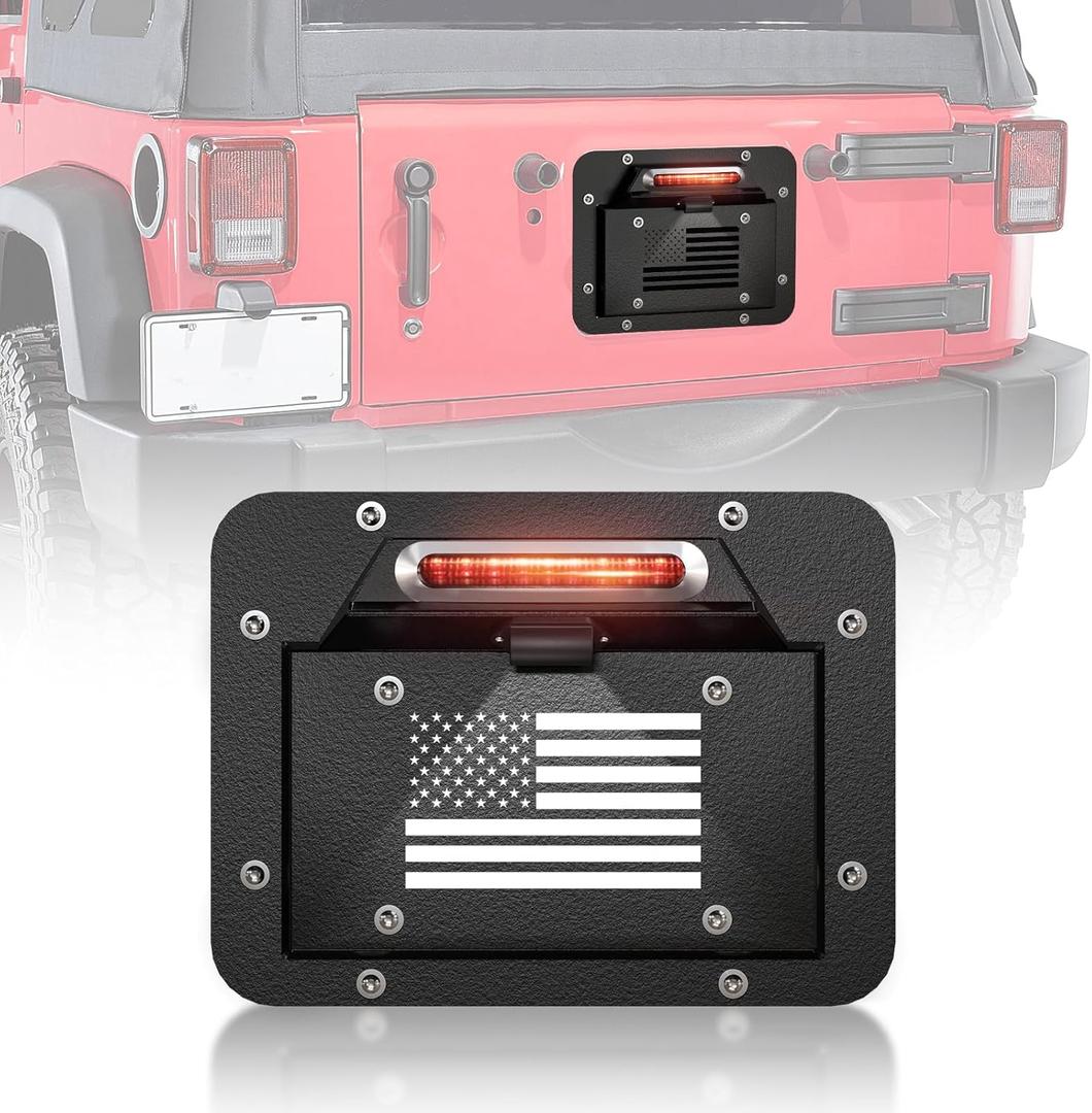YZONA Spare Tire Delete License Plate Frame with Illuminate Light & Third Brake Compatible with 2007-2018 Jeep Wrangler JK JKU Unlimited, Licence Bracket Holder Relocation Kit Mounting (Black)