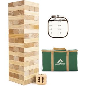 ApudArmis Giant Tumble Tower (Stack from 2Ft to Over 4.2Ft), 54 PCS Pine Wooden Stacking Timber Game with 1 Dice Set - Classic Block Giant Outdoor Game for Teens Adults Family (Burlywood)