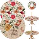 2pc Flower Round Outdoor Tablecloth with Umbrella Hole, Retro Floral Fitted Table Cover with Zipper, Waterproof Windproof Umbrella Table Cloth with Elastic(45''-54'')