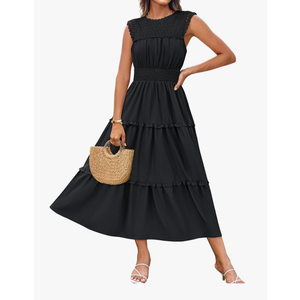 GRACE KARIN Women's Sleeveless Casual Summer Smocked Waist Tiered Maxi Patchwork Crochet Aline Flowy Dresses, XL