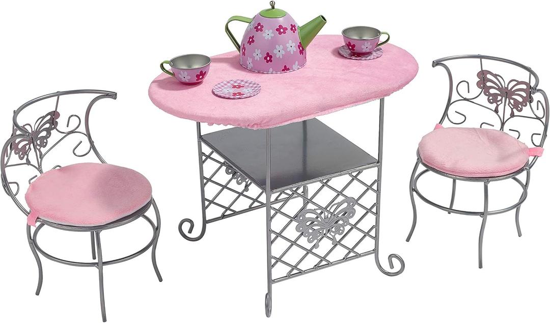 Badger Basket Elegant Tea Time Metal Doll Table and Chair Set with Accessories for 18 to 20-Inch Dolls Perfect for Playtime Tea Parties