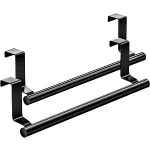 Stainless Steel Over Door Towel Rack Bar Holders for Universal Fit on Over Cabinet Cupboard Doors 2 Pack (Black)