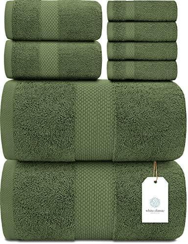 White Classic Luxury Bath Towel Set of 8 Pieces - 100% Turkish Cotton Highly Absorbent Towels for Bathroom, 2 Luxury Bath Towels 700GSM, 2 Hand Towels, 4 Washcloths, Sage Green