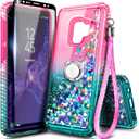 NGB Designed for Samsung Galaxy S9 Phone Case, Pink/Aqua | Glitter Liquid Sparkle Cute Cover for Women Girls Kids | with Screen Protector & Ring Holder & Wrist Strap Lanyard