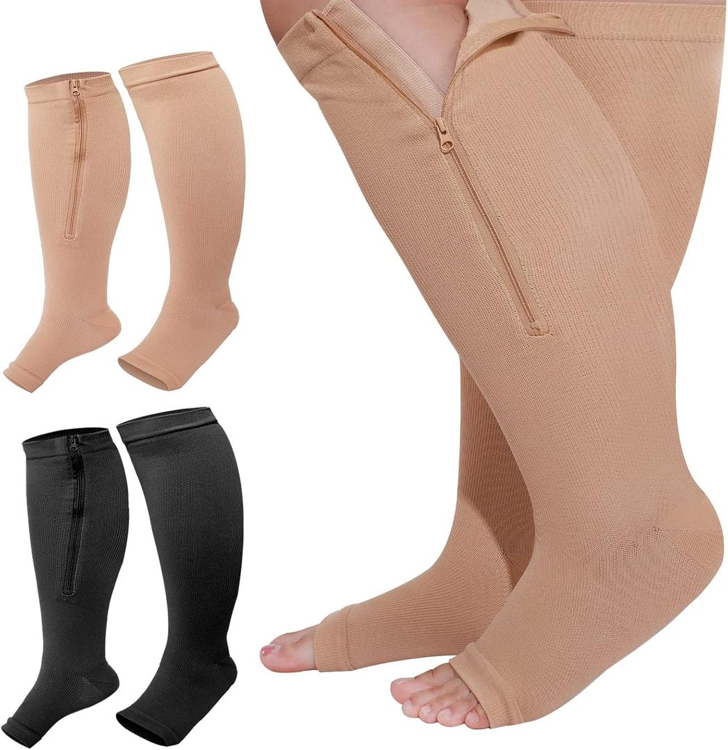 Hillban 2 Pair Plus Size Calf Zipper Compression Socks 15 to 25 Mmhg Open Toe Compression Stockings for Overweight Women Men (4X-Large, Black, Nude)