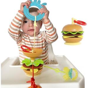 Aprilwolf Hamburger Suction Cup Toys Holder for High Chair, Stroller Baby Toys 6-12 Months & Toddlers, 3 Tethers Keep from Falling, Great for Restaurant & Car Seat Airplane Travel