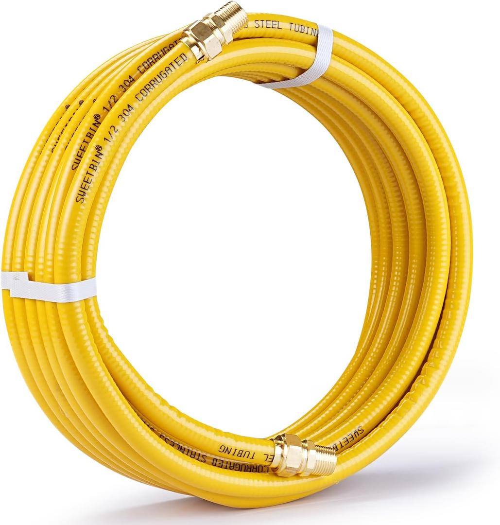 33FT 1/2" CSST Gas Line Hose, 1/2 Inch Flexible Line for Natural Gas and Propane, Corrugated Stainless Steel Pipe Kit with 2 Male Adapter Fittings