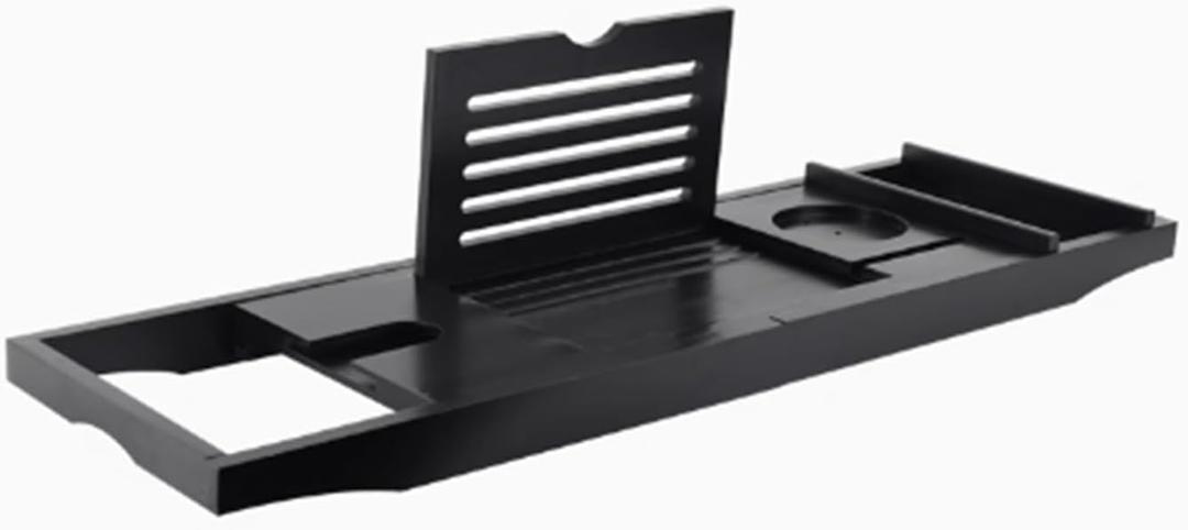Adjustable Bathtub Tray, Bamboo, Luxury Bathtub Tray Caddy, Extendable 75-105cm, for Books, Tablets & Wine Glasses, Bath Tub Tray Table, Fits Most Tubs(Black)